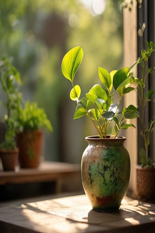 A beautifully styled outdoor vignette featuring a painted pot in a harmonious color with a thriving plant perfectly comp