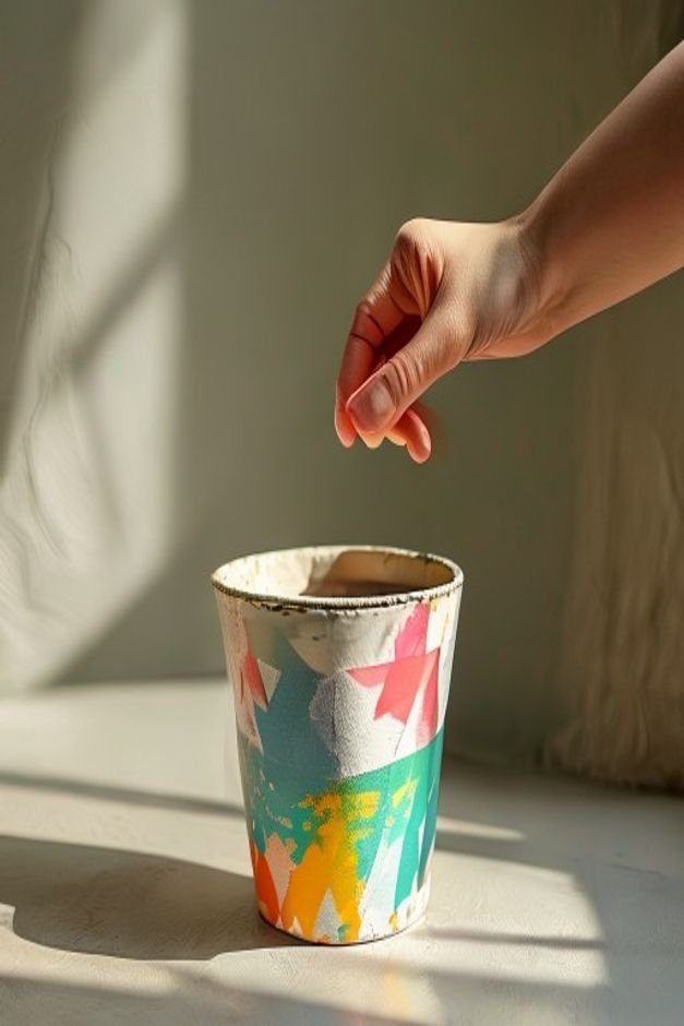 A detailed shot of a hand applying a simple geometric pattern with painter s tape to a partially painted flower pot The