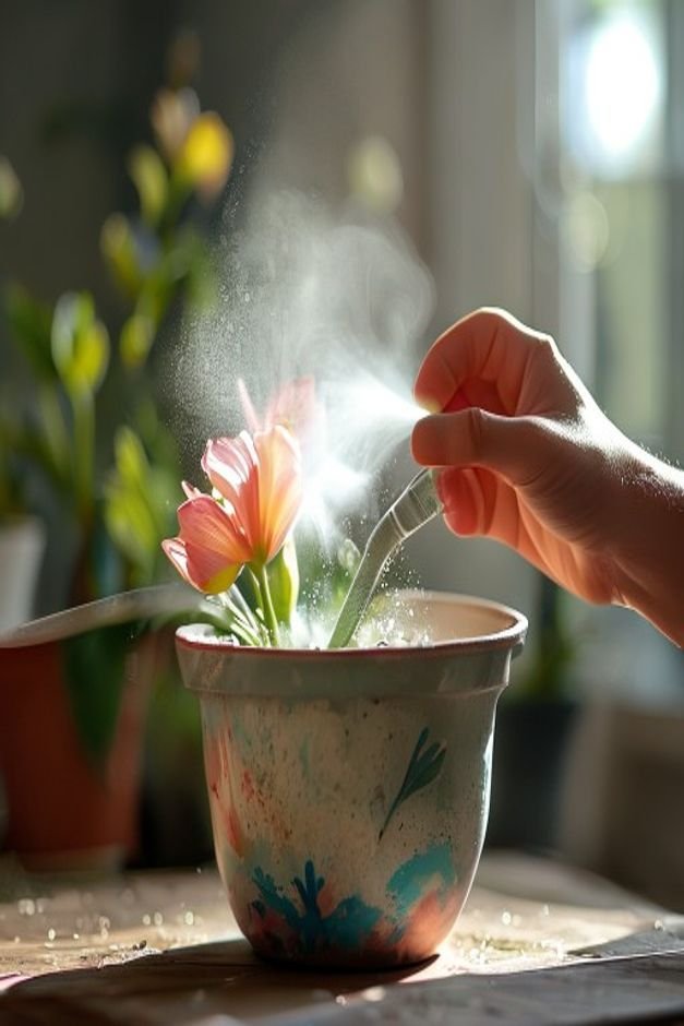 A close-up of a hand spraying a clear protective sealant onto a fully painted and dried flower pot The spray creates a f
