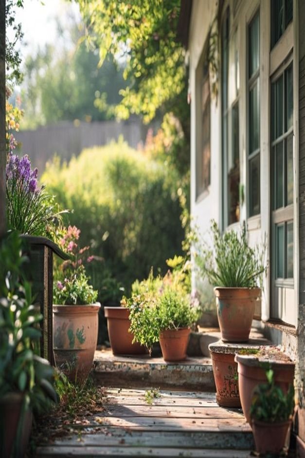 An inviting garden scene showing several artfully painted pots integrated into different areas one on a porch step anoth