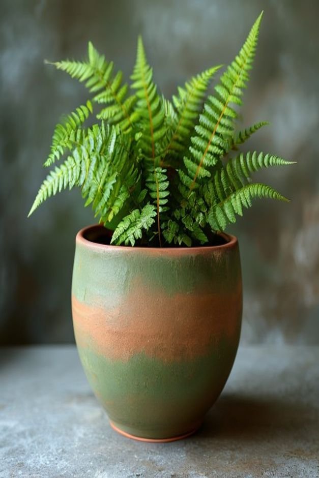 A close-up editorial shot of a terracotta pot painted in a smooth matte sage green holding a vibrant fern The pot sits o