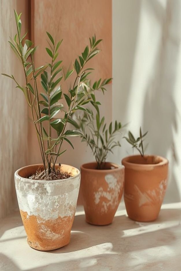 A collection of terracotta pots showcasing a delicate whitewash effect with some of the natural terracotta showing throu