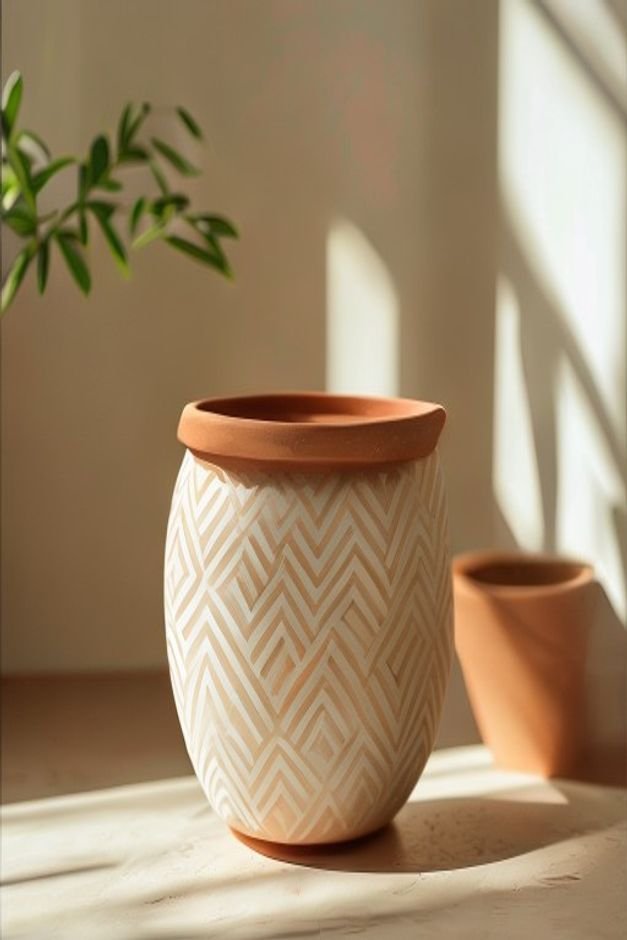 A terracotta pot featuring a simple repeating geometric stencil pattern in a contrasting off-white color against its nat