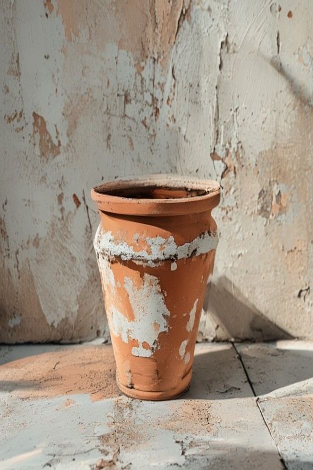 A terracotta pot deliberately distressed with layers of light gray and cream paint revealing hints of the original terra