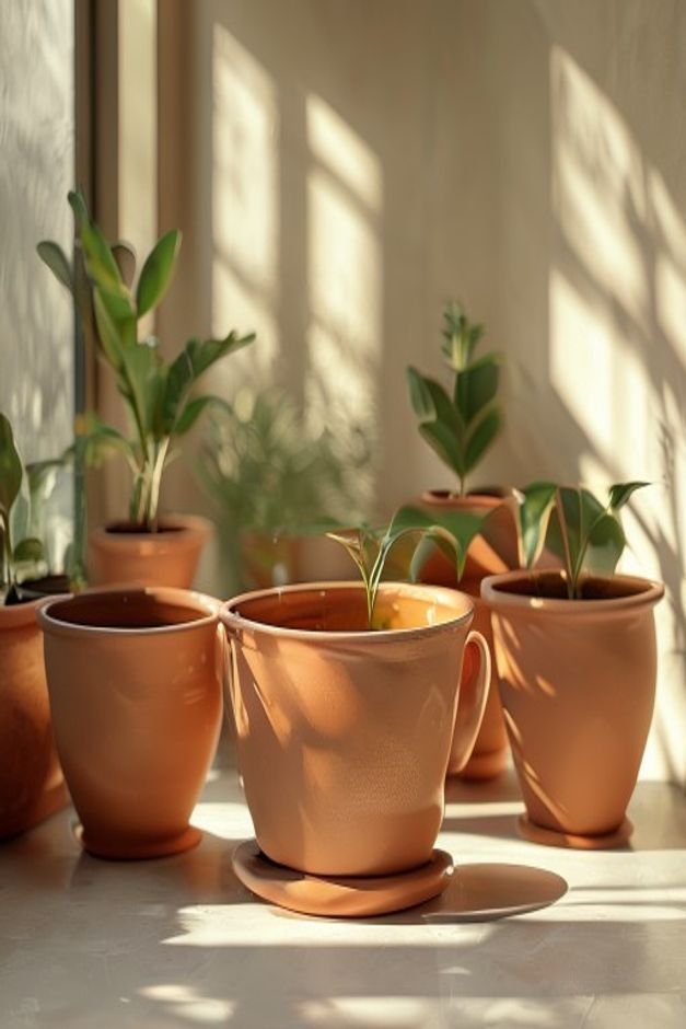 A group of terracotta pots some sealed with a clear low-sheen glaze reflecting a subtle glow They are arranged on a poli