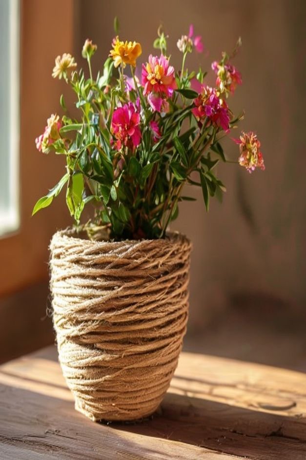 A terracotta pot wrapped intricately with natural jute twine creating a tactile textured surface A vibrant flowering pla
