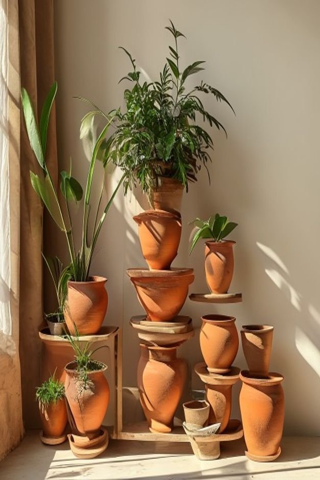 A stylish arrangement of terracotta pots on a tiered plant stand creating varying heights and visual interest Some pots