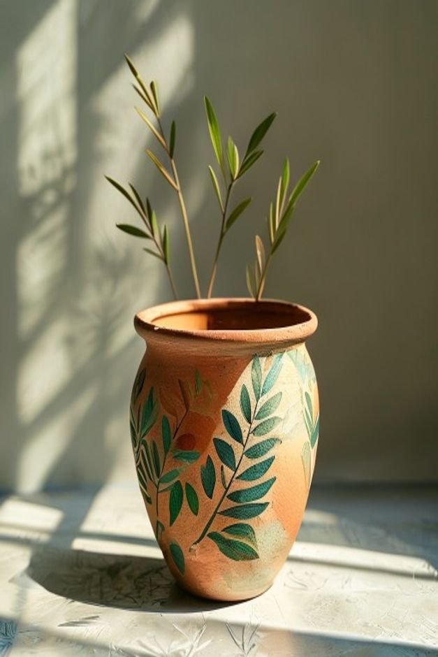 A hand-painted terracotta pot featuring abstract botanical motifs in soft earthy tones like olive green and muted blue I