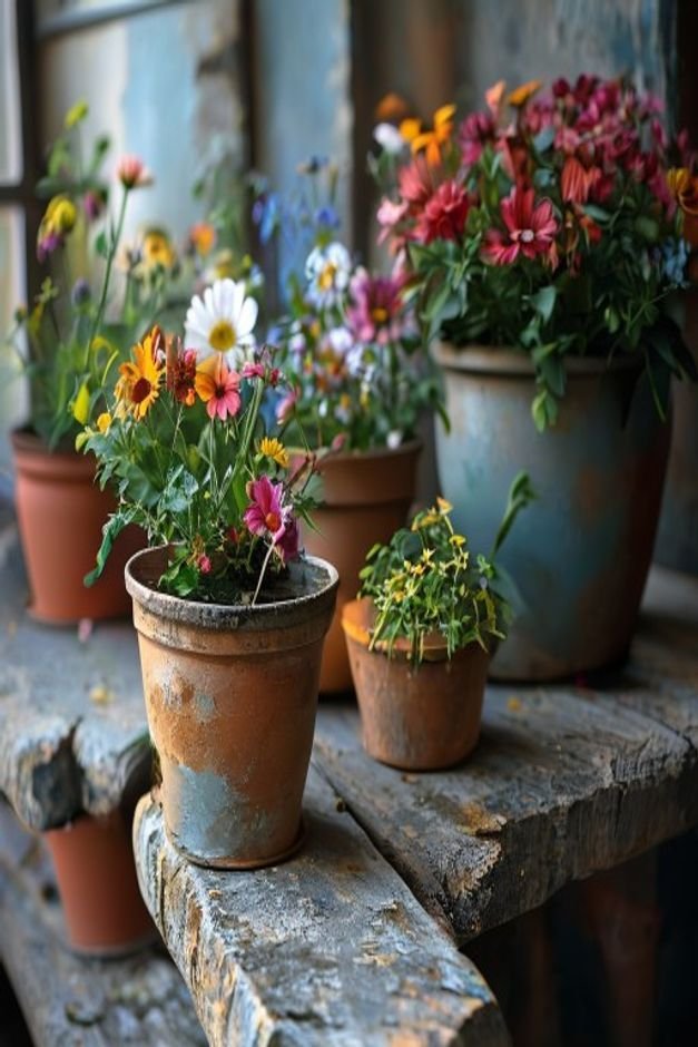 A close-up eye-level shot of a collection of diverse flower pots on a weathered wooden bench The pots include unglazed t