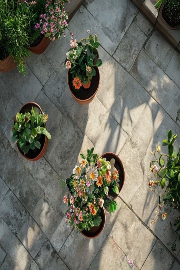 An overhead shot looking down at a cluster of three to five flower pots on a light-colored stone patio The pots are of d