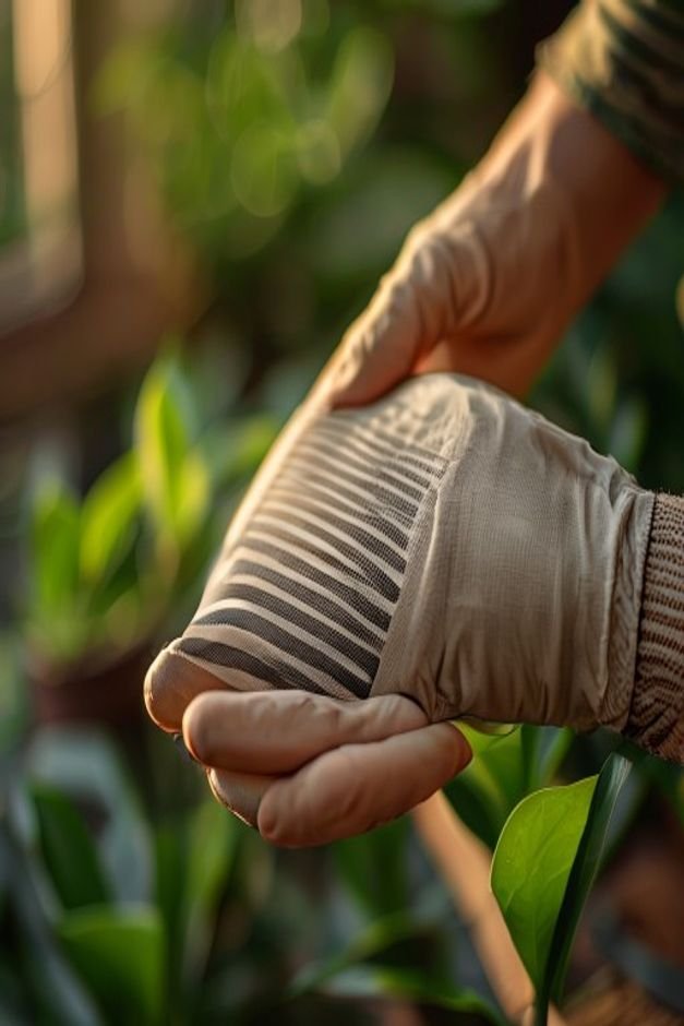 A close-up showing a hand in a gardening glove applying a simple geometric stencil pattern e g horizontal stripes or a s