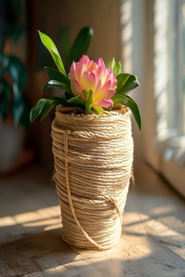 A detailed shot of a medium-sized flower pot wrapped neatly in natural jute twine secured at the top and bottom A vibran
