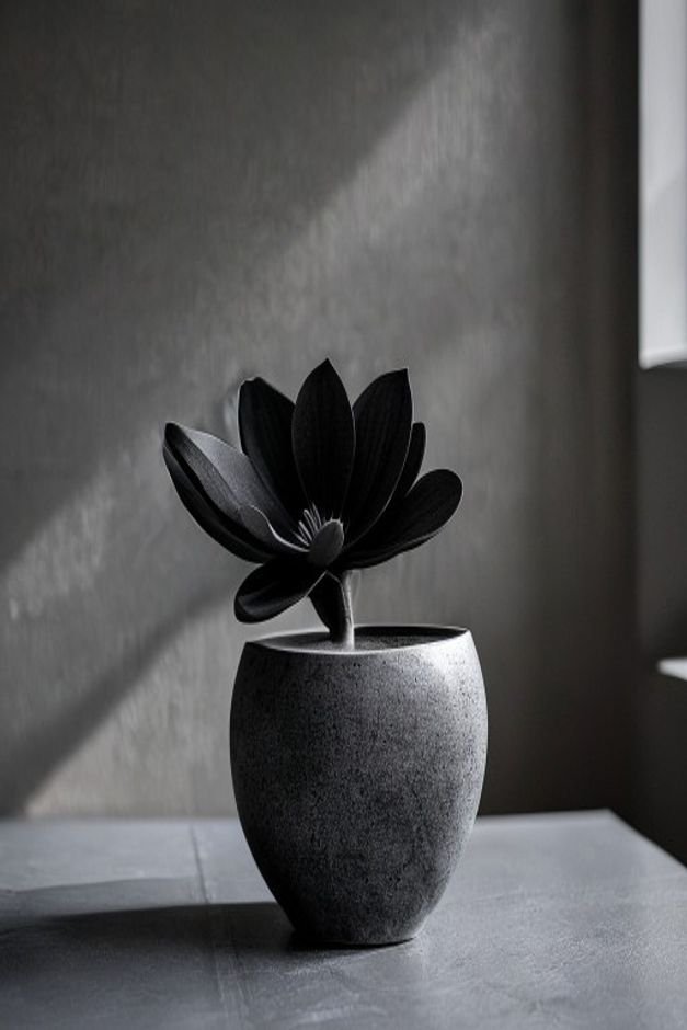A low-angle editorial shot showcasing a medium-sized dark grey ceramic flower pot sitting on a minimalist black metal pl