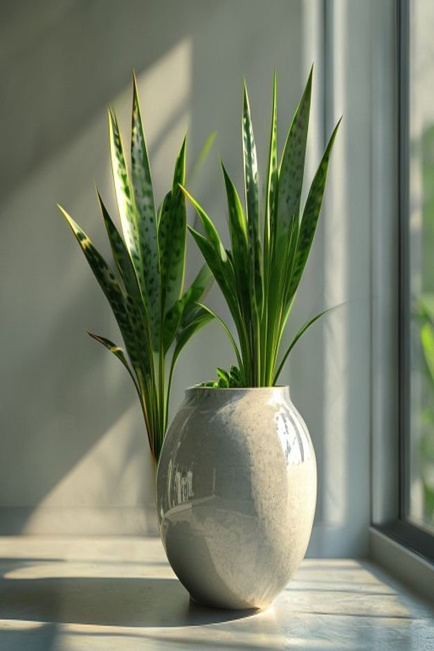 A side-view editorial shot of a large glazed ceramic pot featuring multiple plants A tall upright plant e g snake plant
