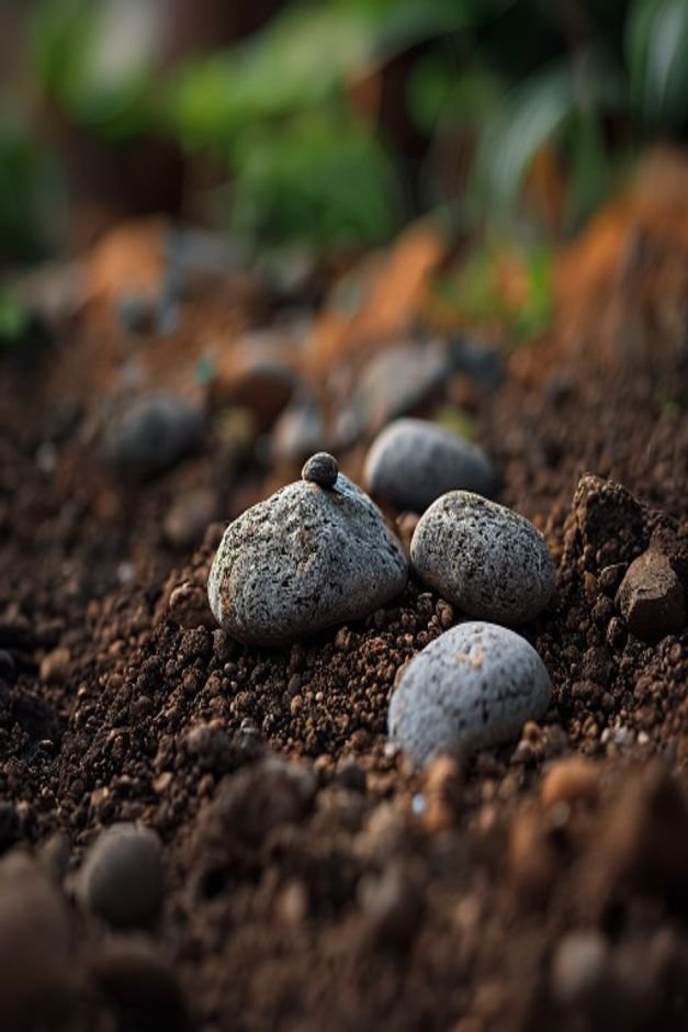 A close-up shot of the soil surface in a terracotta pot adorned with a few smooth grey river stones and a small piece of