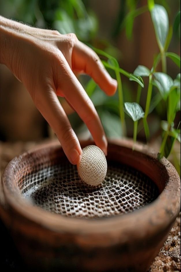 A hand gently placing a small round piece of mesh screen over the large drainage hole of a terracotta pot before adding