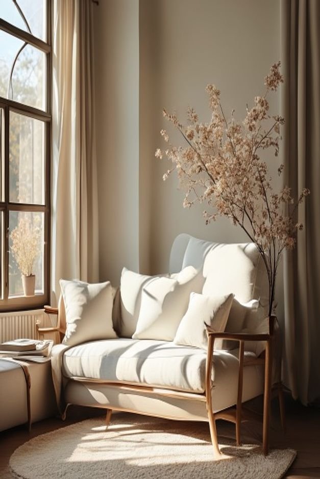 Editorial home photo for Considered Color Harmonies, natural light, realistic styling, no text overlay