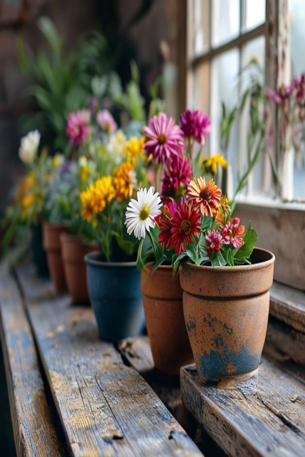 A close-up eye-level shot of a collection of diverse flower pots on a weathered wooden bench The pots include unglazed t