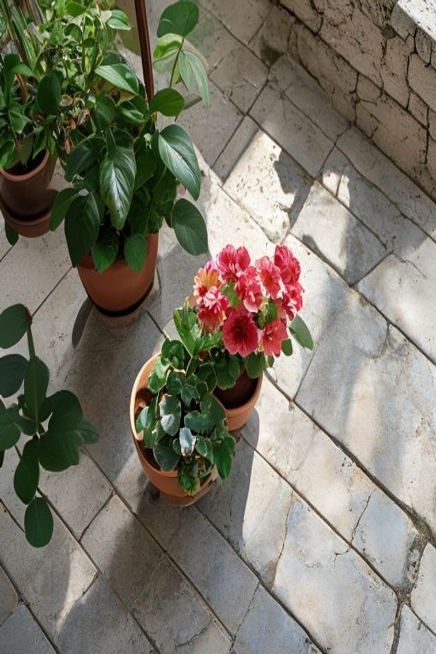 An overhead shot looking down at a cluster of three to five flower pots on a light-colored stone patio The pots are of d
