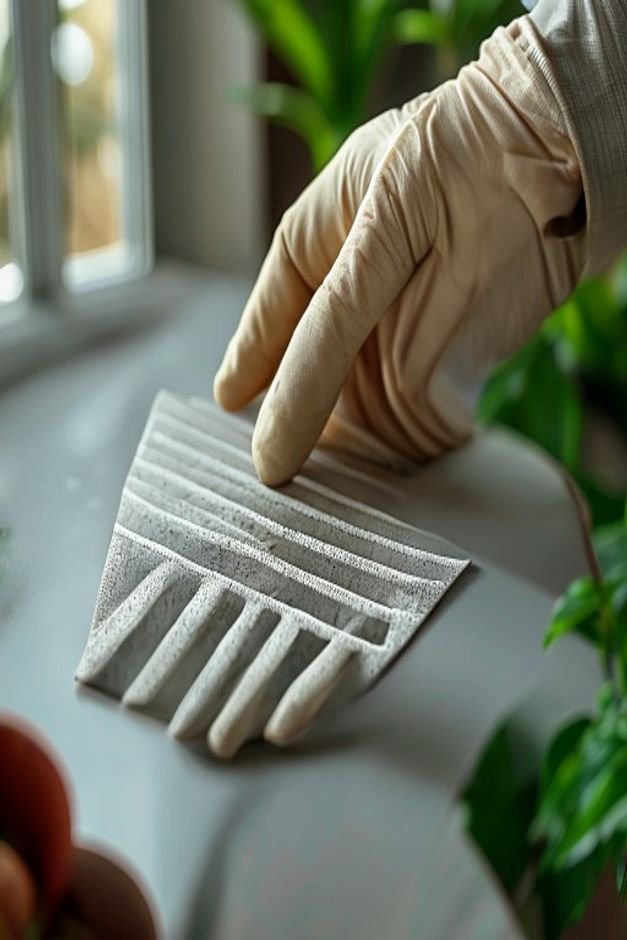 A close-up showing a hand in a gardening glove applying a simple geometric stencil pattern e g horizontal stripes or a s