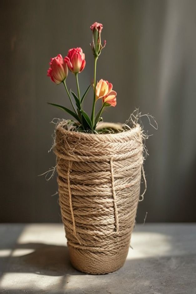 A detailed shot of a medium-sized flower pot wrapped neatly in natural jute twine secured at the top and bottom A vibran