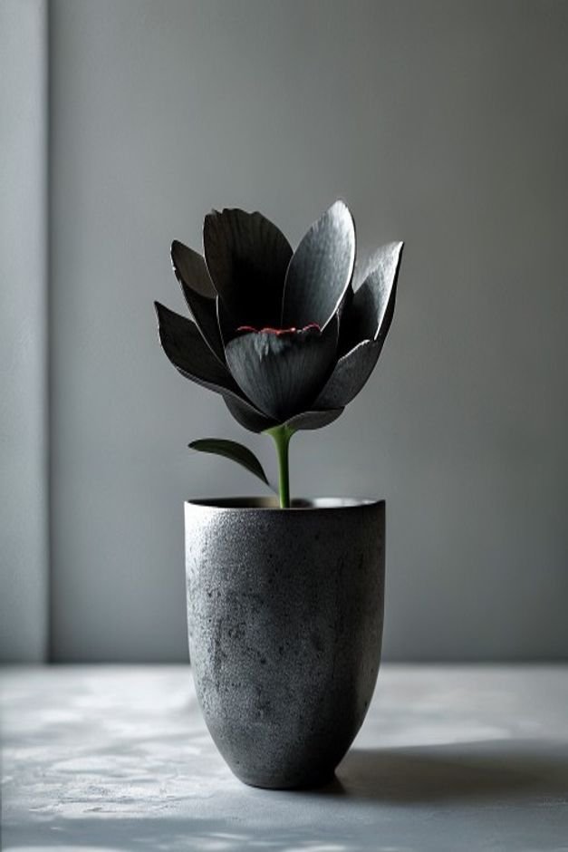 A low-angle editorial shot showcasing a medium-sized dark grey ceramic flower pot sitting on a minimalist black metal pl