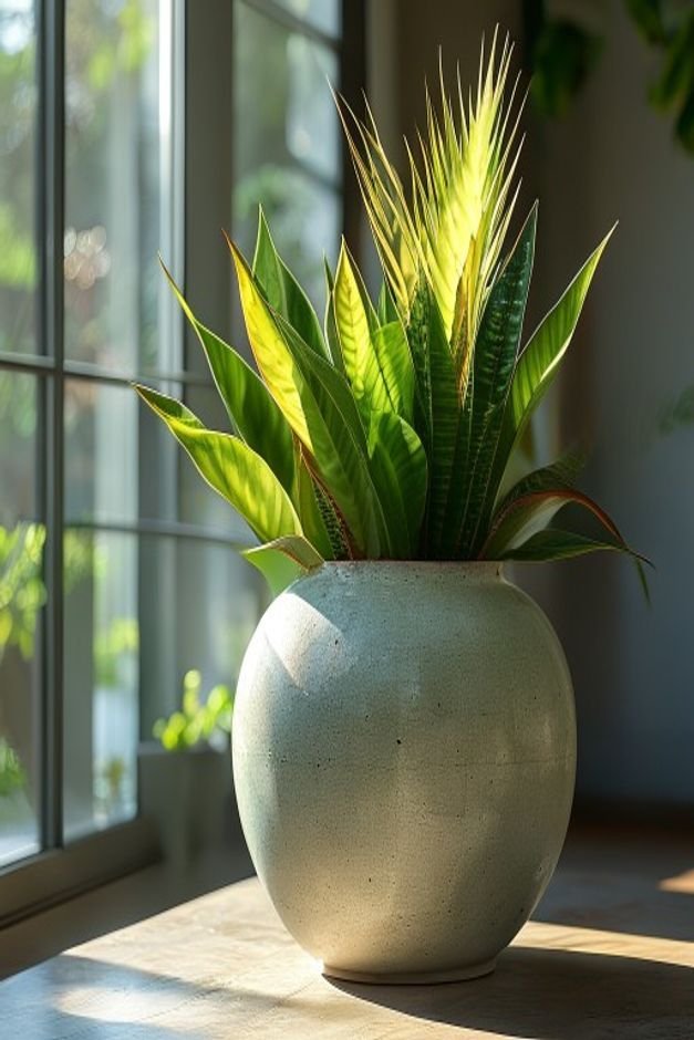 A side-view editorial shot of a large glazed ceramic pot featuring multiple plants A tall upright plant e g snake plant