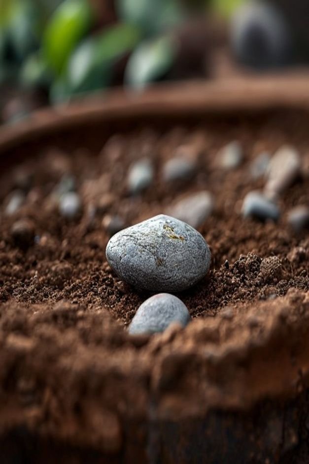 A close-up shot of the soil surface in a terracotta pot adorned with a few smooth grey river stones and a small piece of