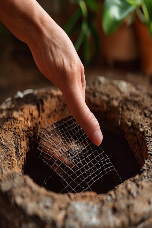 A hand gently placing a small round piece of mesh screen over the large drainage hole of a terracotta pot before adding