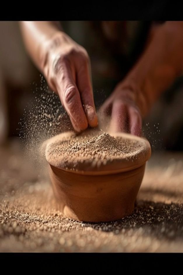 A close-up shot of hands gently sanding the surface of a terracotta pot with a small pile of fine dust visible on a prot