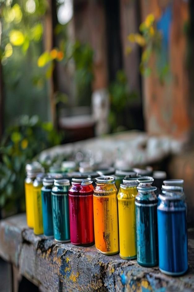 A selection of outdoor-grade acrylic paints in various colors and a can of clear sealant lined up neatly on a rustic woo