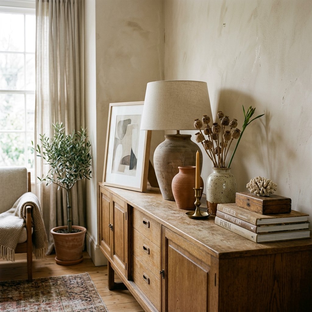 Editorial home photo for Curated Groupings and Placement, natural light, realistic styling, no text overlay