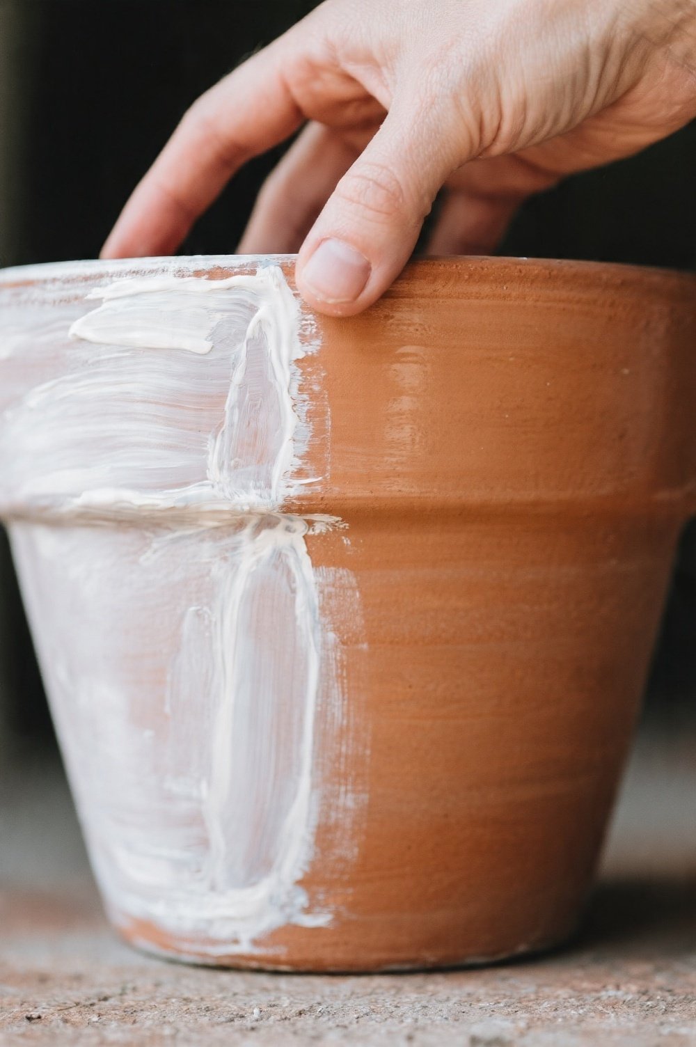 Close-up of a freshly painted terracotta pot half-coated with a clear sealant showing the subtle sheen difference A hand