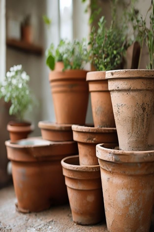 An editorial close-up shot of a variety of unpainted clean terracotta pots in different classic shapes and sizes stacked