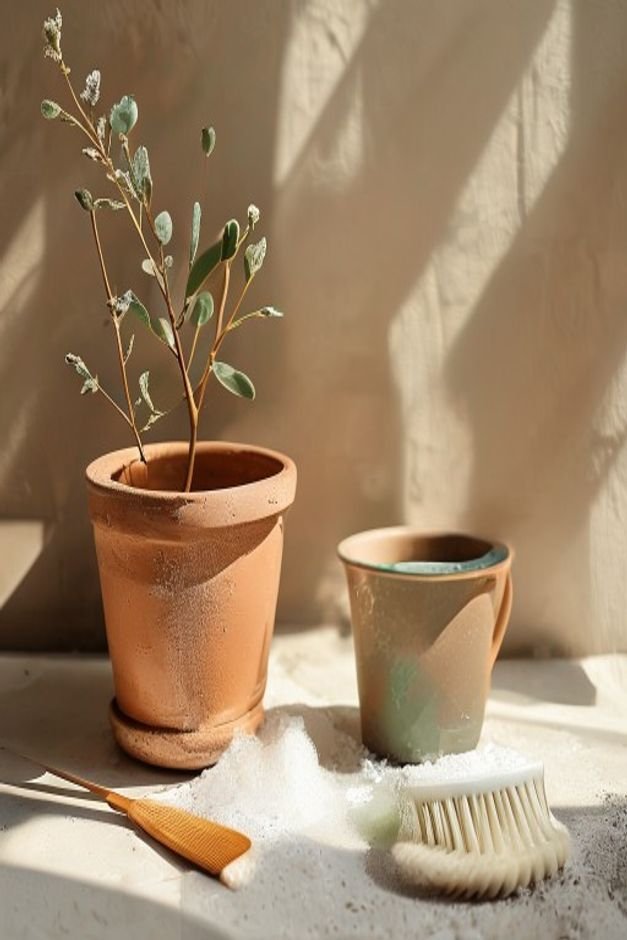 A flat lay composition showing a clean dry terracotta pot next to a small bucket of soapy water a scrubbing brush and a
