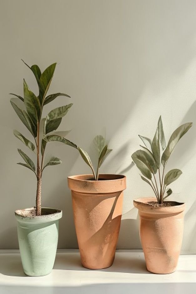 A collection of three medium-sized terracotta pots each painted in a different but harmonious muted colour soft sage gre