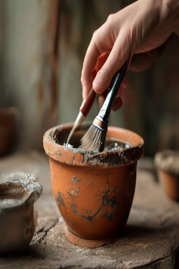 A close-up of a hand gently applying a distressed paint finish to a terracotta pot using a dry brush The pot has an init