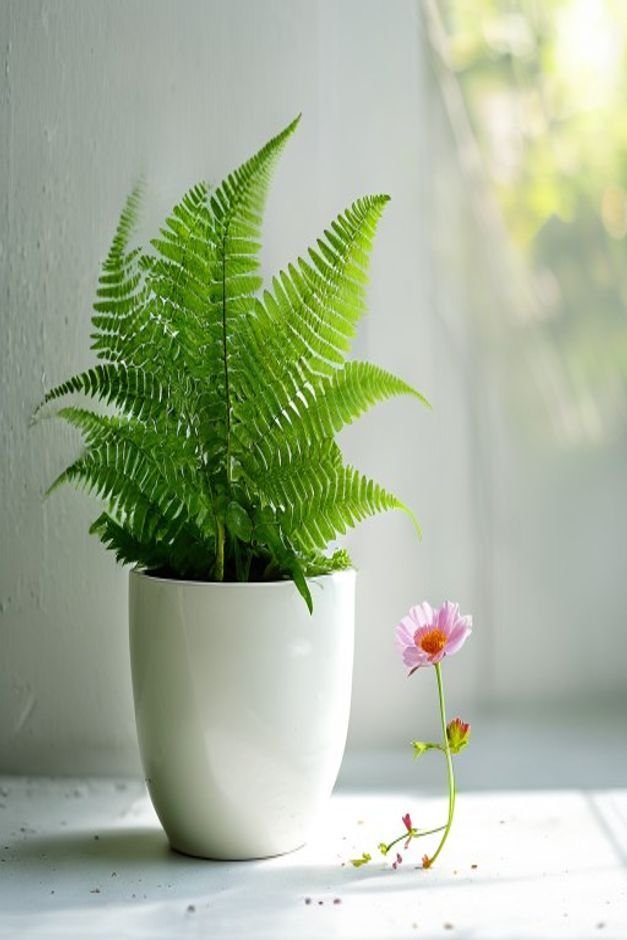 A beautifully composed outdoor scene featuring a vibrant green fern in a clean white painted pot next to a small floweri