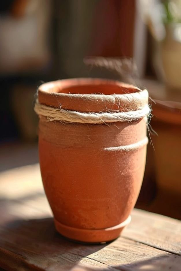A close-up shot of a terracotta pot with a simple jute twine band wrapped around its rim tied neatly The pot is painted