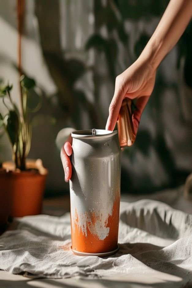 A hand holding a can of clear outdoor sealant hovering over a recently painted and dried terracotta pot on a drop cloth