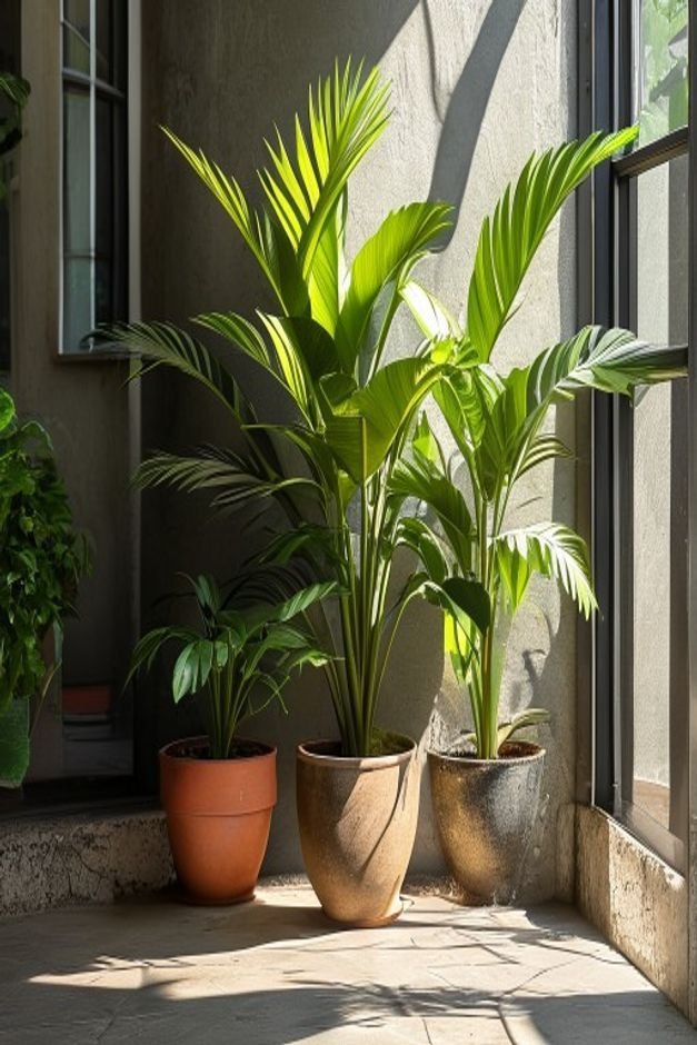 A visually appealing grouping of three potted plants on a shaded patio corner One tall plant in a large pot on the groun