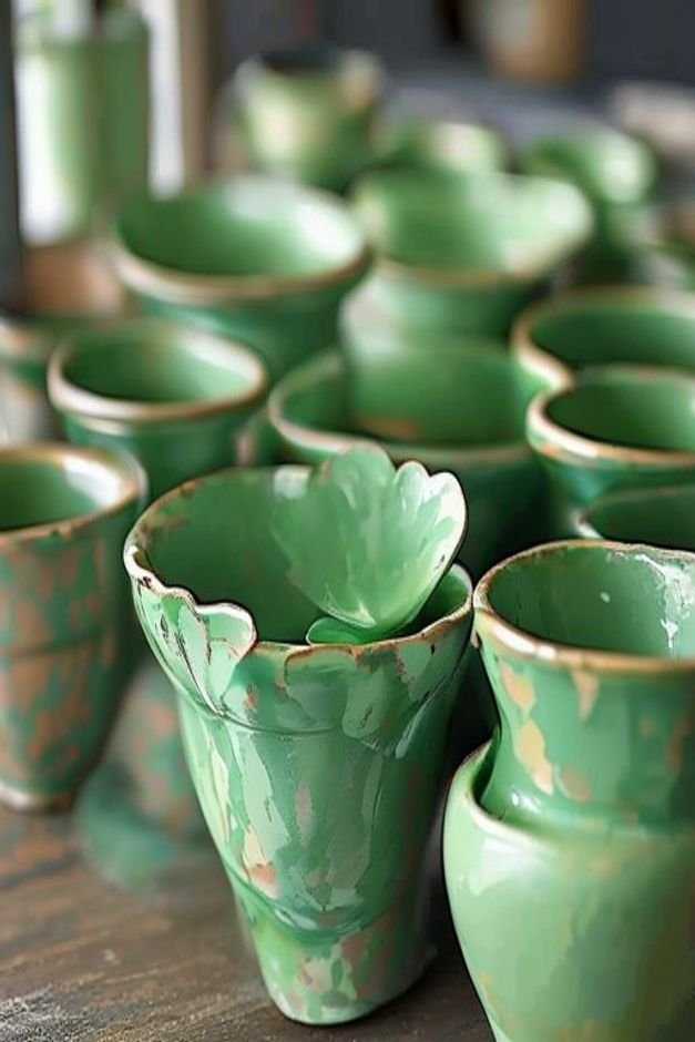 A close-up shot of a cluster of ceramic flower pots all painted in varying shades of a single color e g soft greens or b