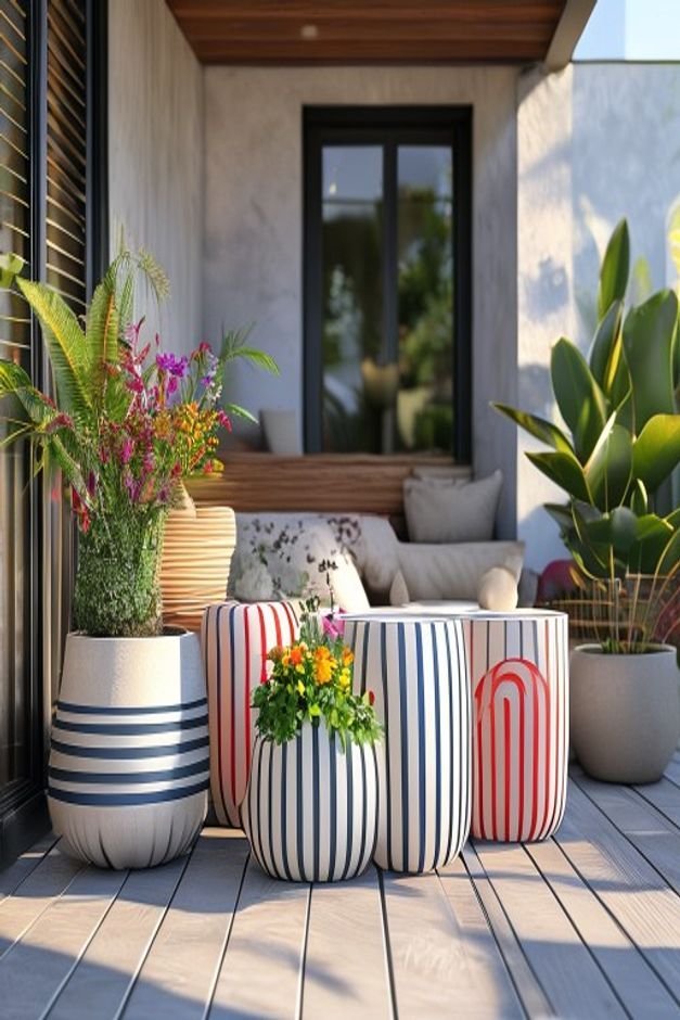 A modern patio corner with a collection of flower pots featuring simple geometric designs like horizontal stripes polka