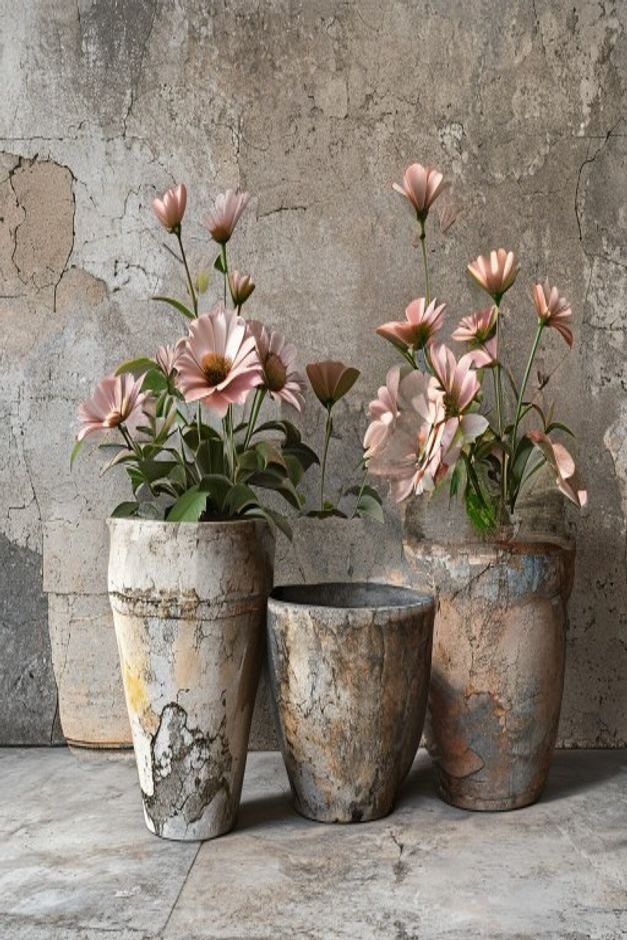 Detailed shot of several flower pots with faux finishes mimicking aged concrete rustic stone and distressed terracotta T