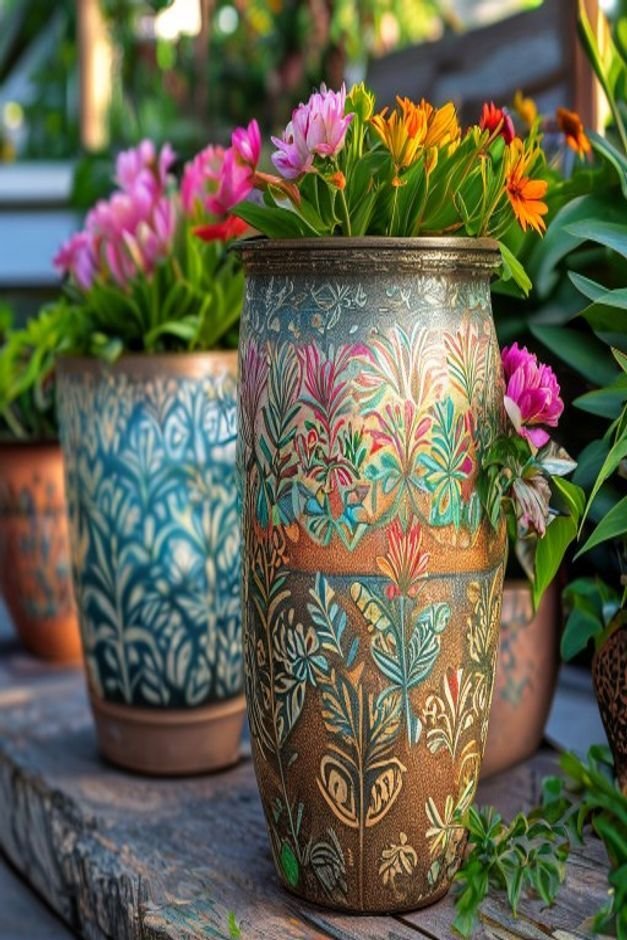 A vibrant outdoor setting showcasing flower pots adorned with intricate stenciled patterns such as botanical motifs or I