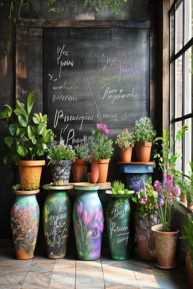 A practical and charming display of flower pots painted with chalkboard paint some featuring handwritten plant names or