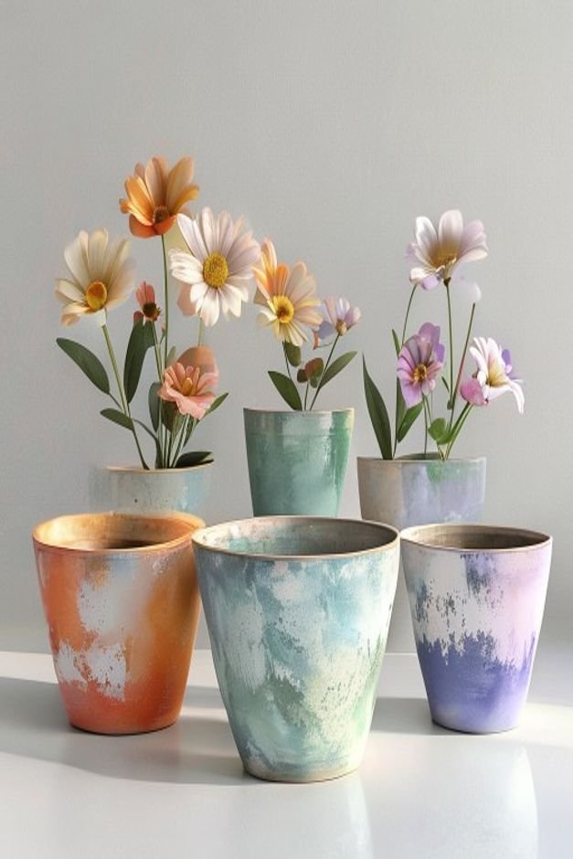 A collection of contemporary flower pots showcasing a clean half-dipped paint effect or distinct two-tone color blocking