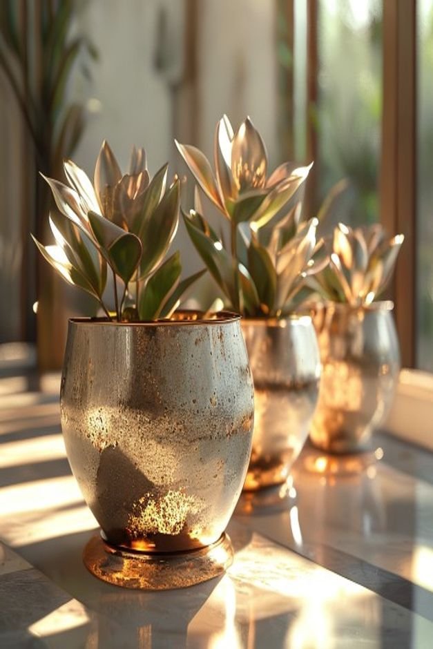 Elegant flower pots with subtle metallic accents gold rims copper bases or silver splatters catching the sunlight These