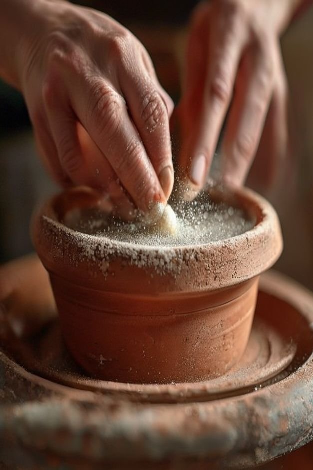 Close-up shot of a pair of hands gently sanding the rim of a terracotta pot with fine-grit sandpaper dust visible in the