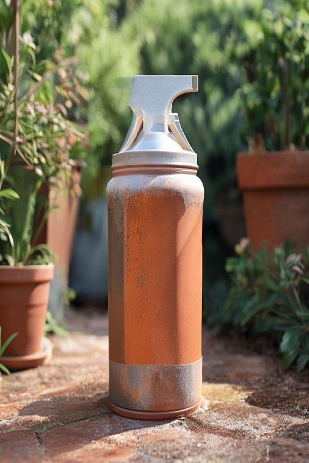 A clear spray can of sealant being applied to a freshly painted terracotta pot in a garden setting The pot is a muted bl
